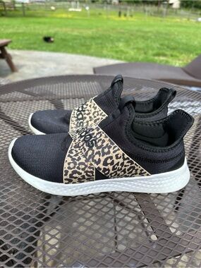 ADIDAS womens Black Slip-On Sneakers with Leopard Strap
